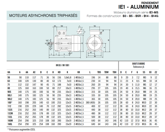 Moteur asynchrone triphasé aluminium IE1 – 0,06 kW – 1500 tr/min – IM B3 à pattes – MS56