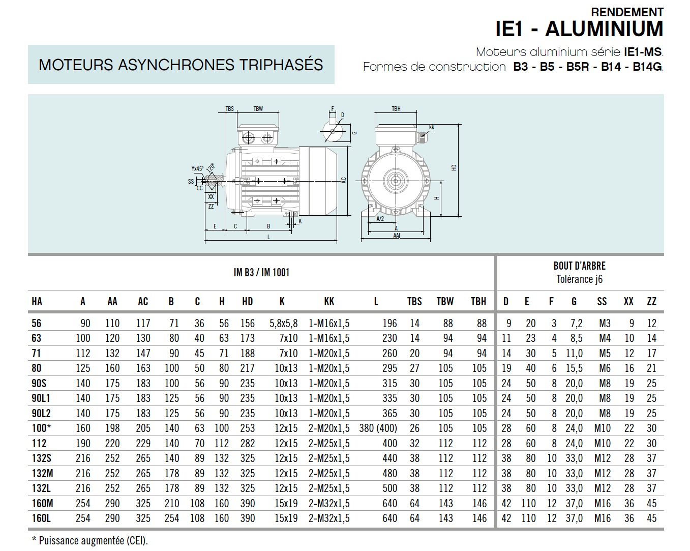 Moteur asynchrone triphasé aluminium IE1 – 0,06 kW – 1500 tr/min – IM B3 à pattes – MS56